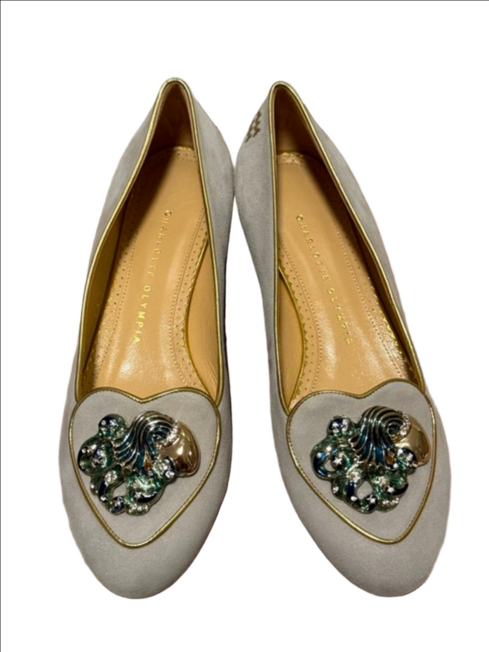 Charlotte Olympia Gray Embellished Heart Flats